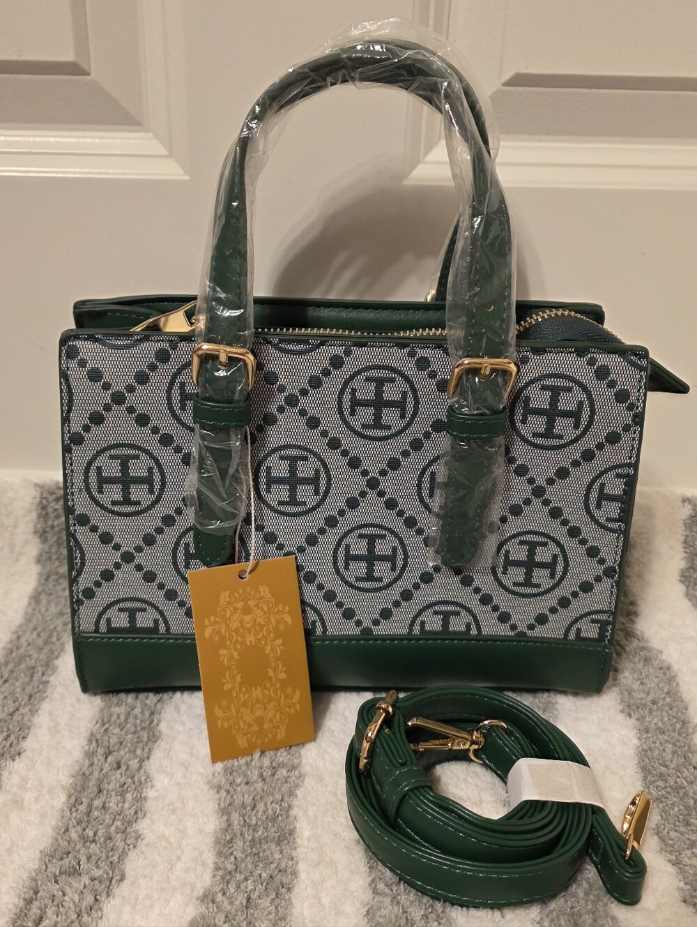 Green Patterned NWT Vegan Satchel with Gold Charm Accent